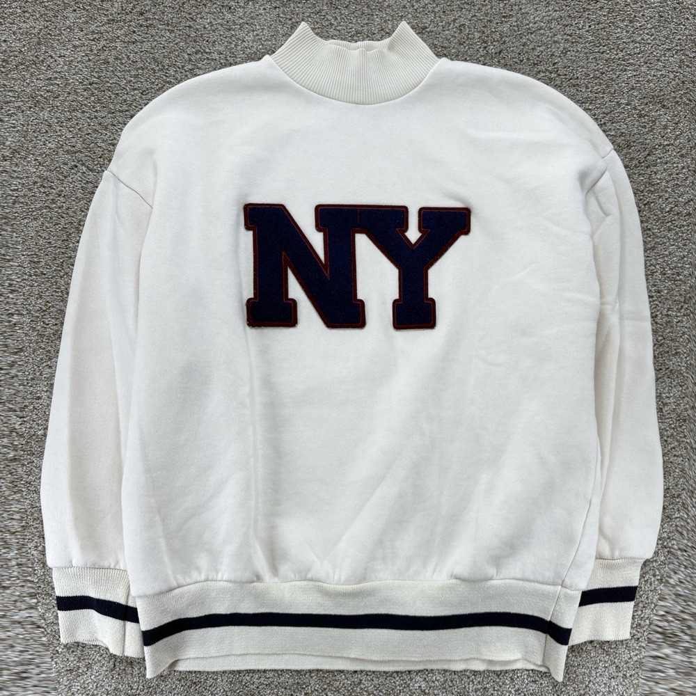 ZARA New York Sweatshirt Size S Cream Mock-Neck Navy NY Puff Embroidery Appliqué